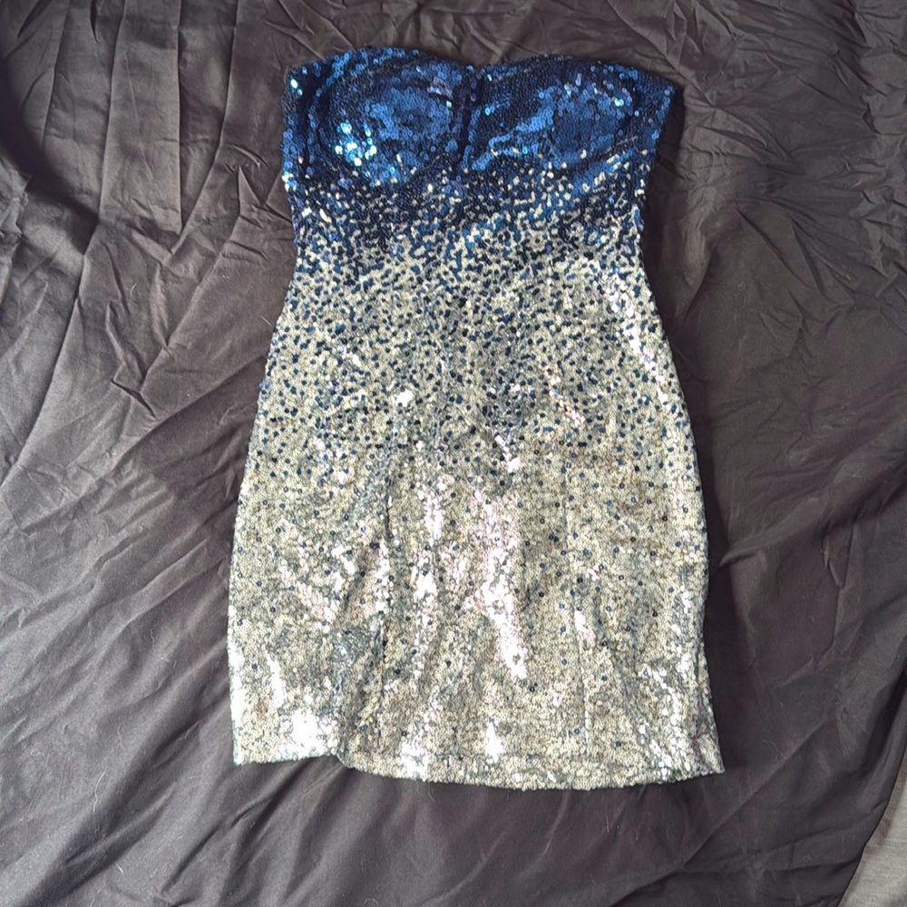 Ombré Sequin Blue/Silver Strapless Cocktail Dress